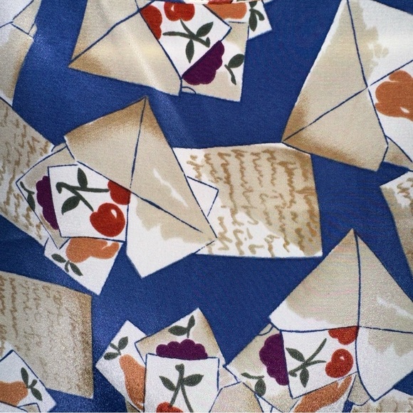 Vintage, Kathy Lee blouse, 90s blue and fruit w/ Tan envelope pattern size 8 - Picture 3 of 11